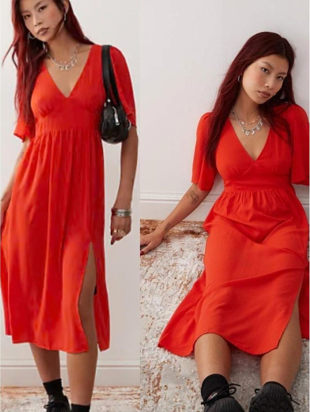 Monki Red Short Sleeve Midi Dress Side Slit US 6 / EU 38